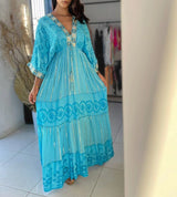 Vestido Indiano - Alya - Turquesa (Com fios dourados)